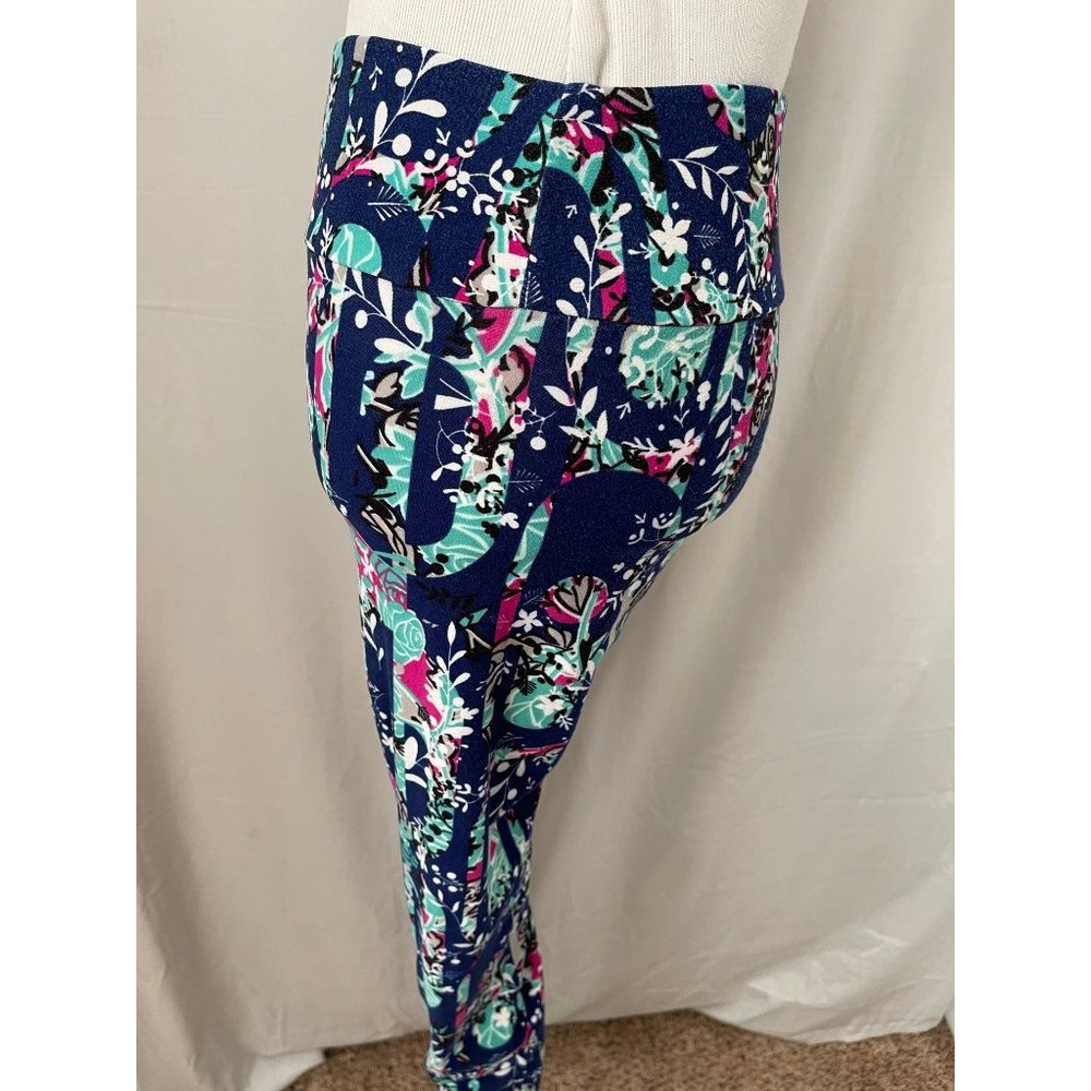 LuLaRoe Women's Navy Multi-Color Floral Abstract Print Stretch Leggings One Size - Picture 5 of 6